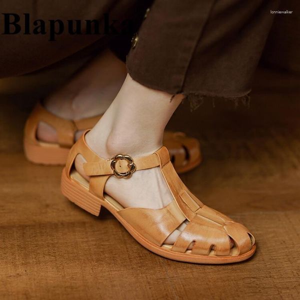 Sandalias Blapunka Retro Cuero genuino Mujeres Hecho a mano T-Strap Hebilla Recorte plano Sandalia Zapatos de alta calidad Ladies Summer Trendy