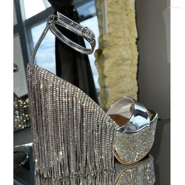 Sandales Bling Back Crystal Fringe Plateforme Argent Strass Gland Couverture Talons Hauts Cheville Boucle Chaussures Femmes Zapatillas Mujer