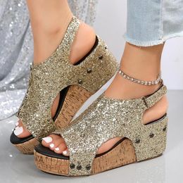 Sandales Bling Cut Out Gold Femmes Casual Chaussures Compensées Pour Une Ligne Boucle Peep Toe Été Gladiateur Sandalias