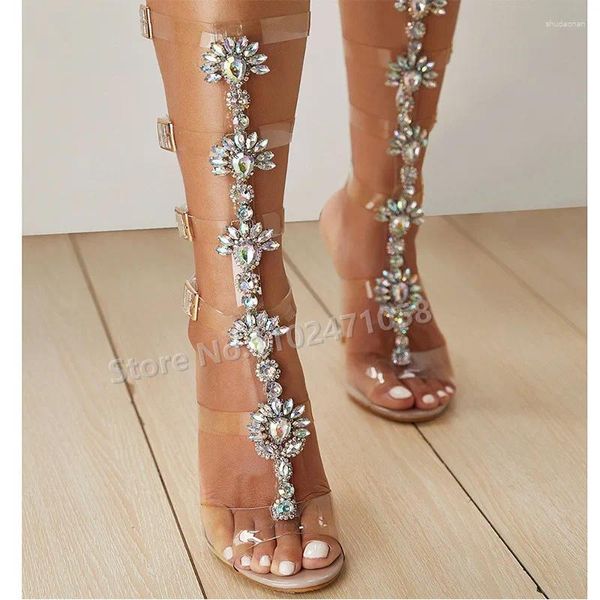 Sandalias Bling Rhinestone Hebilla Correa Tacones altos Mujer Moda Hollow Out Summer Cool Botas largas Peep Toe Tacón fino Zapatos de dama