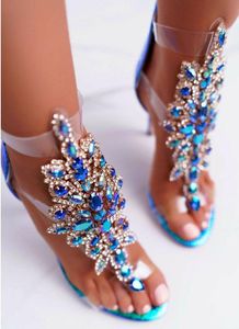 Sandalen bling strass bloem heldere pvc transparante riem patchwork peep teen glitter kristal bruiloft schoen zomeruitgesneden hakken