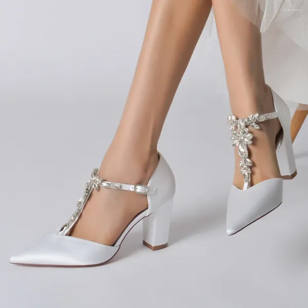 Sandalias Tacón de bloque Punta puntiaguda Diamantes de imitación en forma de T Zapatos de boda Dama de honor nupcial