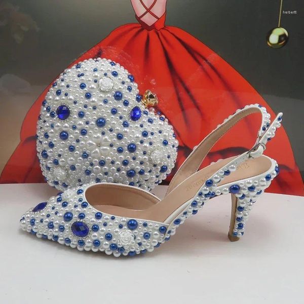 Sandales Chaussures de mariage en cristal bleu et sac Bradal Posses de fête de perle blanc pointu avec sac à main Sangle arrière Personnalisation faite à la main
