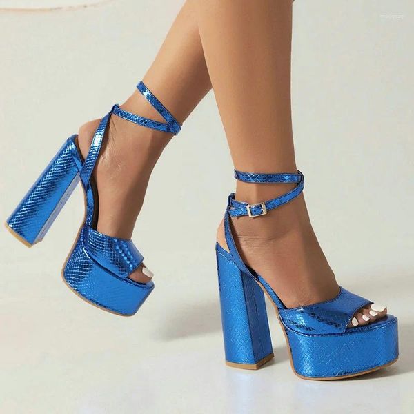 Sandalias azul verde oro verano mujeres zapatos de tacón alto plataforma cuadrada damas punta abierta hebilla fiesta mujer 2024