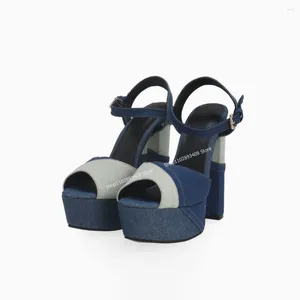 Sandalen Blauw Splicing Vierkante Neus Platform Gemengde Kleur Zomer Dikke Hoge Hakken Vrouw Sexy Dress Party Schoenen Zapatillas Mujer