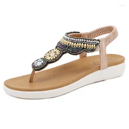 Sandales bohème rétro chaussures de plage chaîne perle conception bande élastique douce pince tongs marque femme 2024