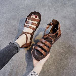 Sandalen Bodem Zomer Platte Zachte Zool Voor Dames 2024 Etnische Stijl Retro Damesschoenen Leer Geweven Gesp 34643 'S 33028 's