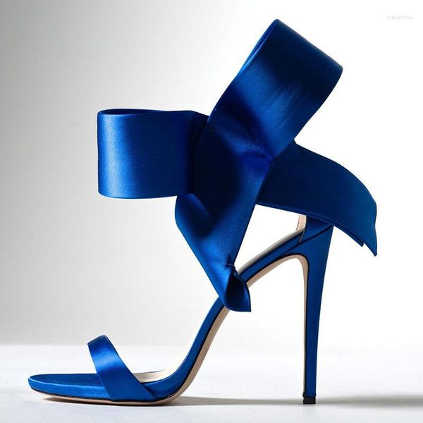 Sandalias con lazo para mujer, verano 2023, zapatos de tacón alto de lujo para mujer, tacones de aguja para novia de boda, calzado de fiesta de talla grande de satén azul