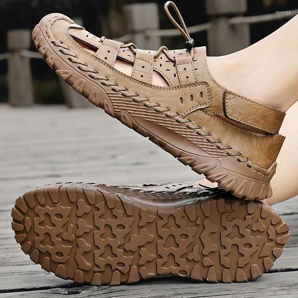 Sandalias Marca 2024 Verano Cuero de vaca para hombres Zapatos de playa Casual Cuero hecho a mano Transpirable Zapatillas al aire libre Tamaño grande 38-46