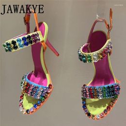 Sandals marques colorées gemmes femmes hautes talons peep toe sexy slingback de fête pour les pompes féminines chaussures d'été mujer