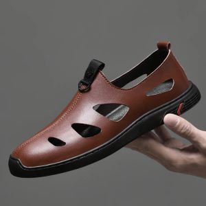 Sandales marque vache en cuir rétro sandales pour hommes chaussures d'été de loisirs chaussures de plage masculines ganters de cuir authentique modes de robe brune hommes hommes