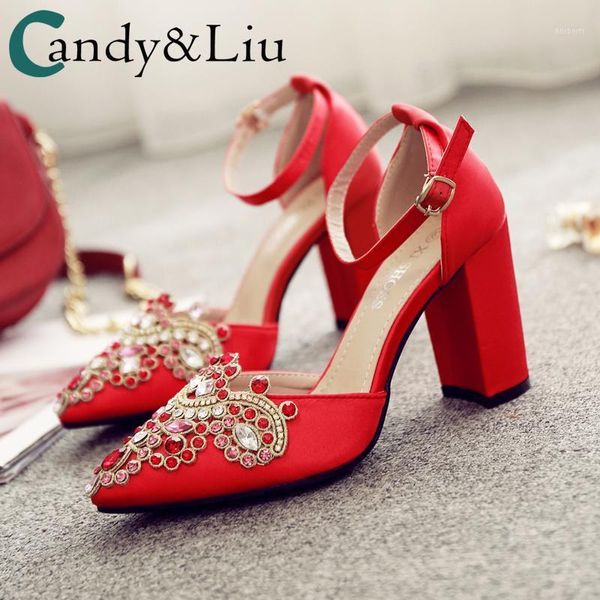 Sandalias, zapatos de novia, tacones gruesos, 2021, vestido de novia tradicional, tacón grueso para mujer, zapatos de mujer con correa de hebilla y punta estrecha de cristal rojo1