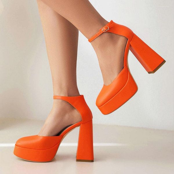 Sandales Bright Orange Beige Bout Fermé Femmes Mary Janes Robe Pompes Parti Mariée Chaussures Bloc Talons Hauts Chic Plate-Forme Designer