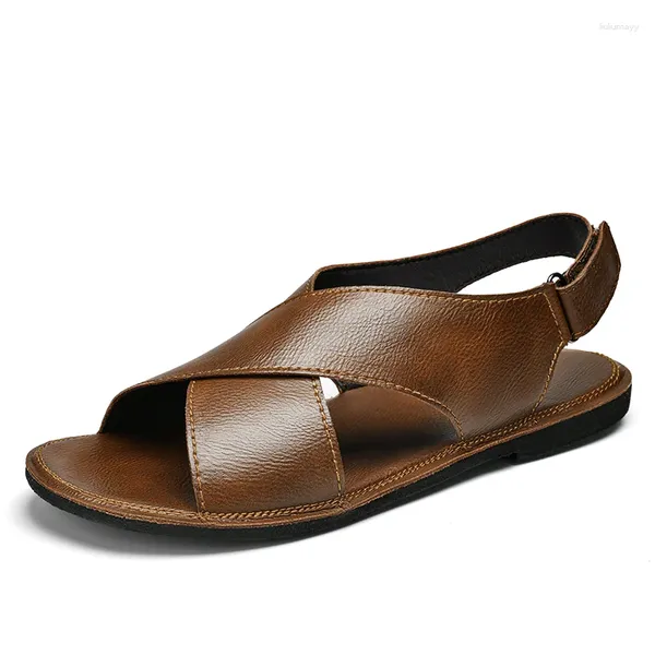 Sandales British Style Men Genuine Leather Flat Designer Classic Summer Soft Soft Soft Beach Beach Shoe Outwear Sandale