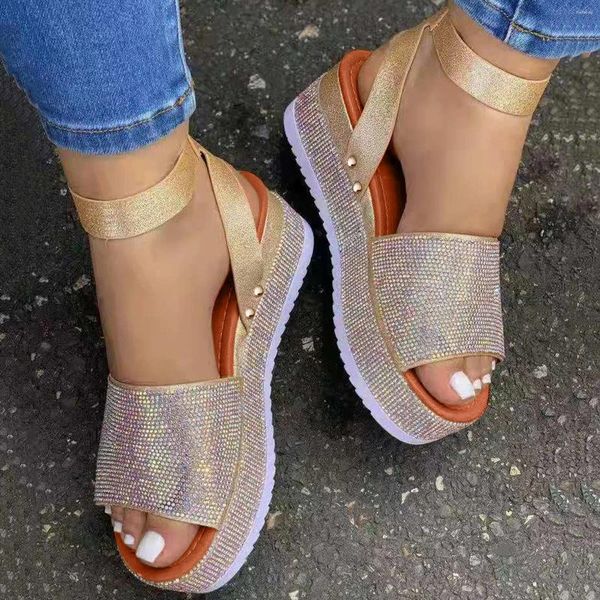 Sandales Boucle En Plein Air Femmes Cristal Strass Chaussures Été Wedgr Strap Femmes