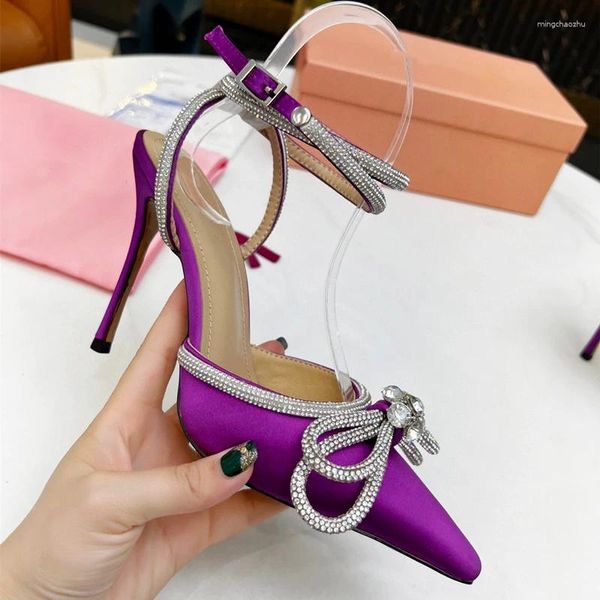 Sandales Casual Summer Women Chaussures Purple Satin Bow Crystal Point Toe High Talons Slingback Prom Evening Zapatos Mujer