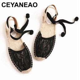 Sandalen Ceyaneao Ins MOET HEBBEN HEBBEN ENKLE STRAPY ESPADRILLS DRUMEN VROUWEN ZOMER COOL MESH LAAT SCHOENEN VROUW HEMENP SOLE SLAAP SANDUP SANDALEN