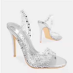 Sandales Champagne Argent Or Cristal Chaussures De Mariée Clair Pvc Strass Slingback Fête Bout Ouvert Talons Scintillants 230417