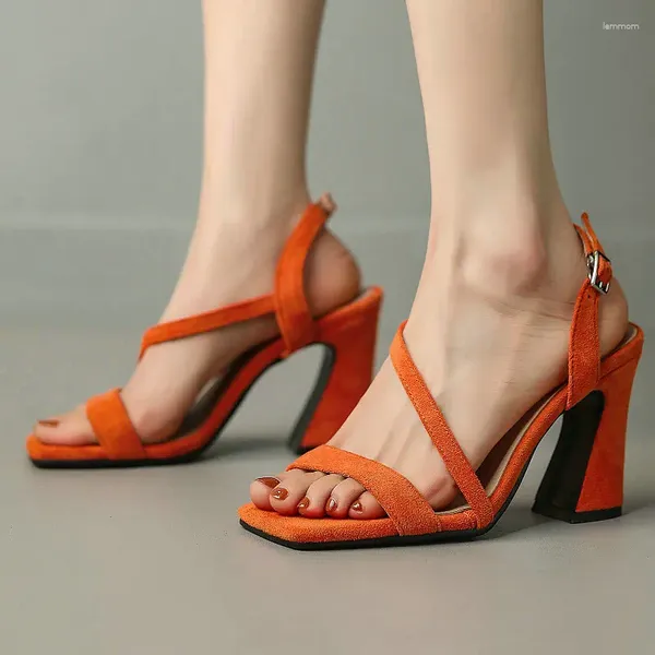 Sandales Charm Orange Jaune Flock Nubuck Bout Ouvert Femmes Élégantes Chaussures À Talons Hauts Robe De Soirée Pompes Été Petite Taille 33 Talons