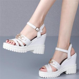 Sandalen chique gespschoenen vrouwen echte lederen wiggen hoge hiel gladiator vrouwelijk open teen platform pompen casual