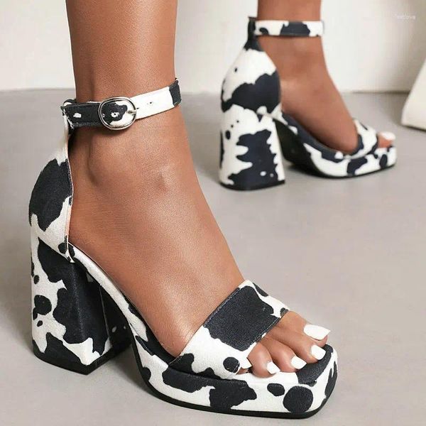 Sandales Chic peau de vache motif imprimé bout ouvert plate-forme mode femme chaussures d'été gros talons hauts femmes talons concepteur