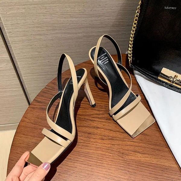 Sandales Chic Bout Carré Femmes Abricot En Cuir Bande Étroite Chaussures D'été Noir Robe Formelle Pompes Mince Talons Hauts Dame Sandalias