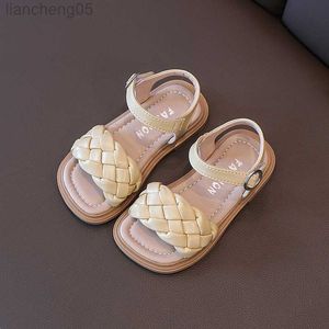 Sandales Enfants Sandales Toddler Chaussures Fille Été Tressé Vacances Bout Carré Mignon Beige Jaune 21-36 Pu Mode Enfants Sliders W0327