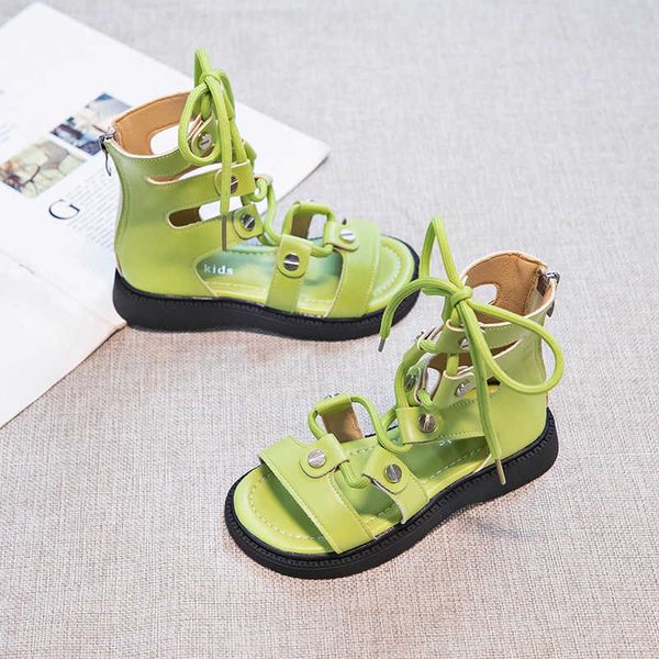 Sandalias para niños, color verde sólido, únicas, con cordones, novedad de verano, zapatos planos casuales, estilo callejero versátil, cremallera trasera, moda para niños