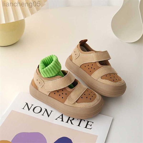 Sandales Enfants printemps été en cuir véritable sandales garçons respirant garçons Lycra tissu creux chaussures bébé fond souple pieds nus sandales W0327