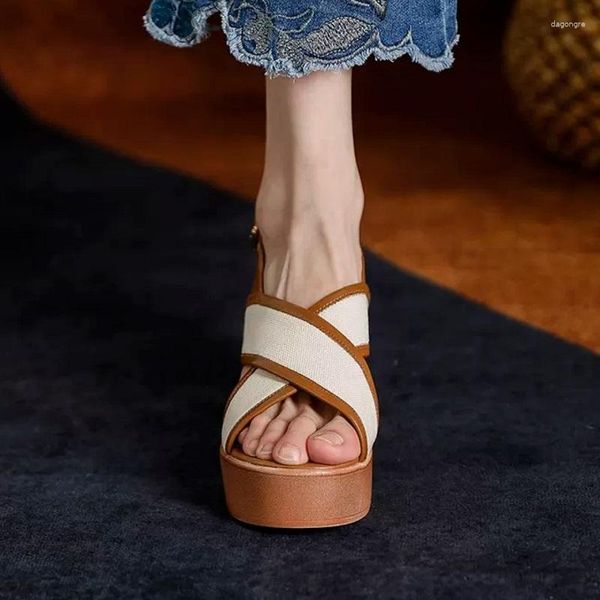 Sandalias Tacón grueso Verano Elegante Patchwork Zapatos de mujer Plataforma japonesa Grueso Punta abierta Bombas de estilo romano