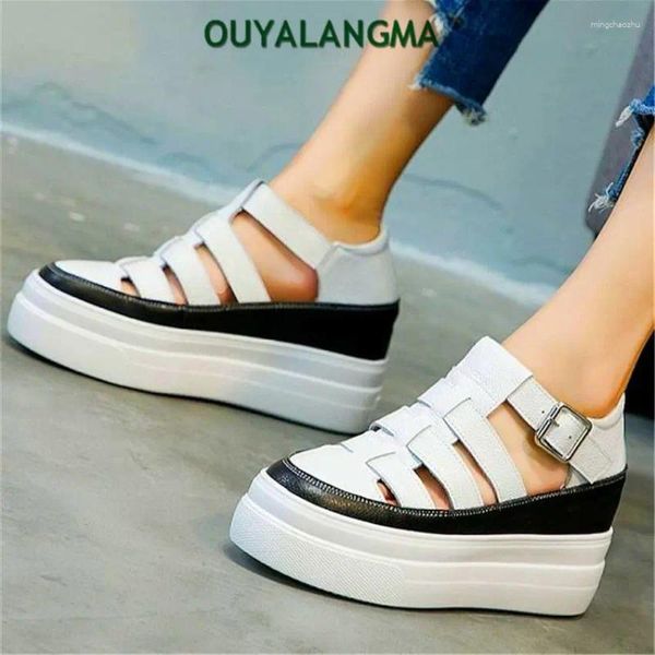 Sandales Chunky Women's Cow Cuir Round Toe Platform Fashion Sneaker Summer Sole épaisse Sole Oxfords Casual Shoes Comfort