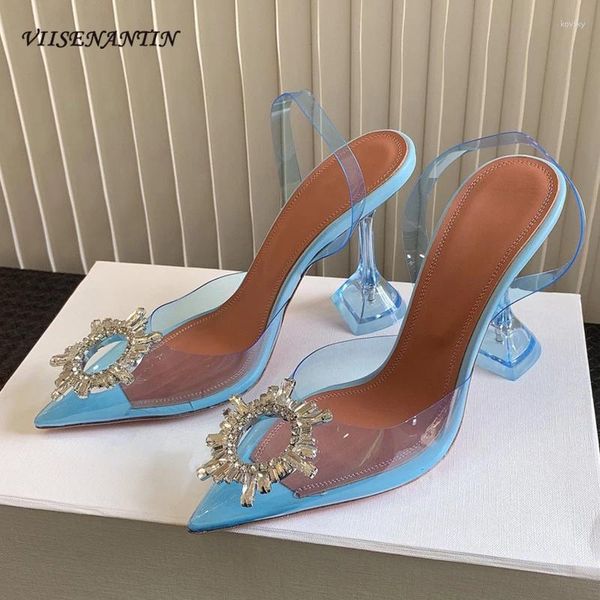 Sandales claire pvc fermé à pointe pointu à talons hauts sandaux femmes cristal décor de tournesol bouche peu profonde talons transparents sexy dame fête chaussure