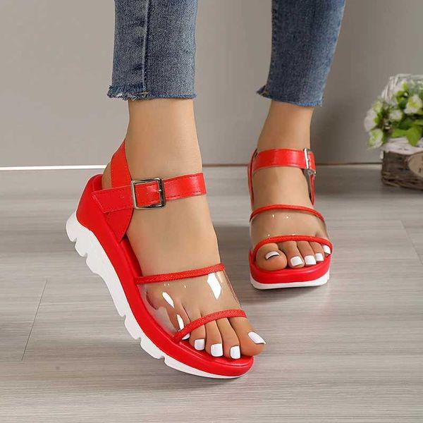 Sandalias Cuñas de PVC transparentes para mujer Verano Fondo grueso Antideslizante Roma Sandalias jer Light Tobillo Correa Plataforma gruesa H2403280R74