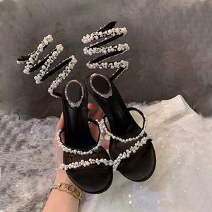 Sandales en cuir véritable Cleo cristaux sandales stiletto décoratives 95mm perle strass décorer anneau noir rouge robe de soirée femmes talons hauts luxe