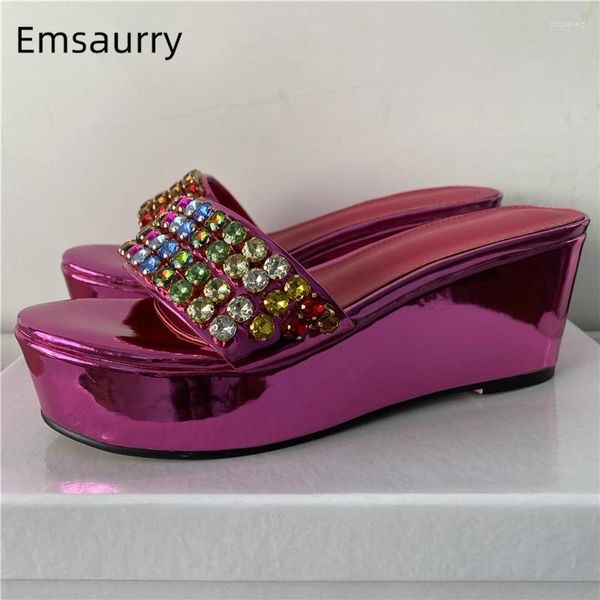 Sandales Colorful Diamond Rhinestone Band Women High Platform Cendages Luxury Patent Leather Slingbacks Mules Summer