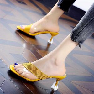 Sandales Comemore 2021 femmes pantoufles femmes mode talons hauts Transparent talon moyen élégant été pour filles femmes chaussures 34 Y2302