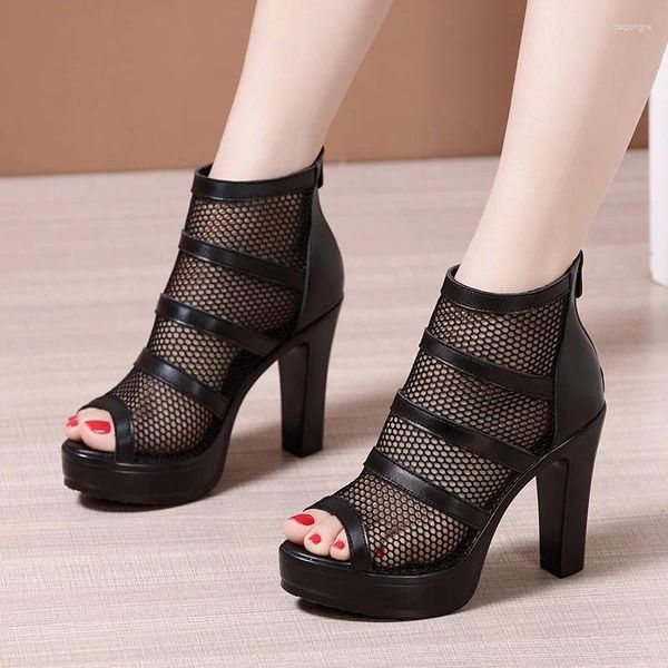 Sandales Comemore Mesh Sexy Été Femmes Talons Hauts Plateforme Chaussures Évider Talon Carré Zip Noir Tendance 2024 Peep Toe Sandale Bottes 43