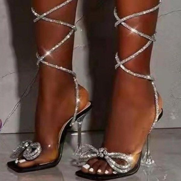 Sandales Comemore été 2023 cuisse clair talon haut sexy talons à lanières femmes chaussures mode cristal arc pompes de fête dame diapositives 43 sandales