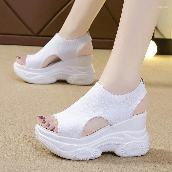 Sandalias Comemore Mujer Deporte Malla Casual Damas Zapatos de cuña 2024 Plataforma Slip-On Sandalias femeninas Suave Fondo grueso Blanco Mujer