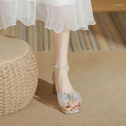 Sandálias concisas design feminino dedo do pé quadrado salto alto fivela cinta de salto grosso sandalias elegante moda senhora vestido sapatos de verão