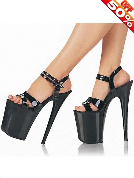 Sandalias concisas elegantes de charol negro de 8 pulgadas para mujer, zapatos de tacón alto para fiesta, tamaño súper grande, escenario de 20cm