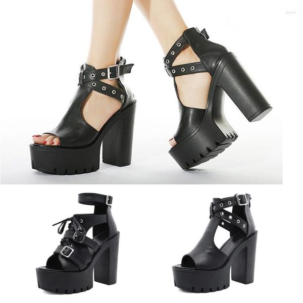 Sandalias COSMAGIC Mujer Sexy Hebilla Negro Verano Super High Heel Gothic Punk Plataforma Gladiador Pasarela Club Zapato