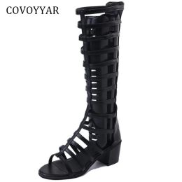 Sandales Covoyyar 2023 Gladiateur Sandales Femme Summer Square Talon Knee High Boots Open Toe Back Zip Femme Chaussures noires WSS963