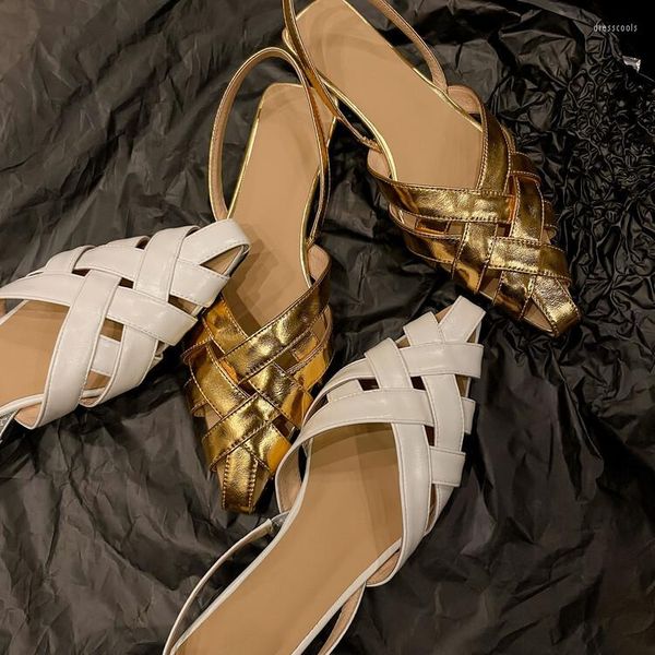 Sandalias Cuero De Vaca Tejido Dorado Para Mujer Tacones Bajos Producto De Verano Con Punta Puntiaguda Y Retro Sandalias Baotou Tendencia