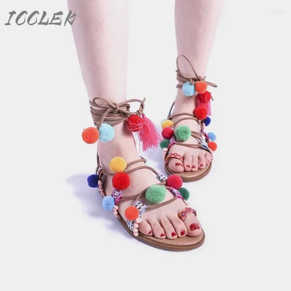 Sandalias Cross-Strap Beach Women Ball Ball tanga 2024 Tassel Flats Sandalias Mujer Gladiator zapatos para