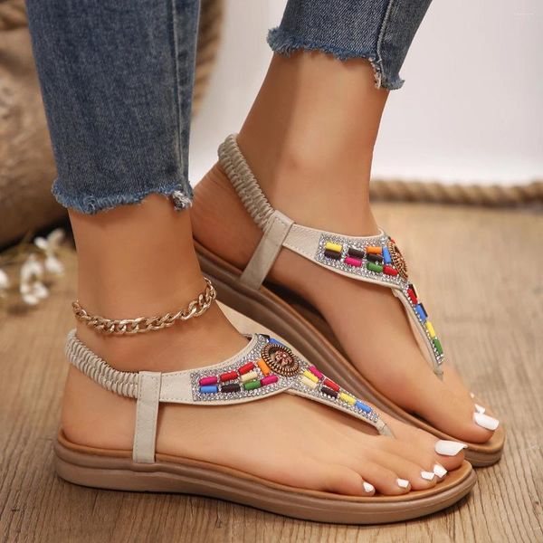 Sandalias Bohemias de cristal para Mujer, tacones planos de verano, zapatos de playa antideslizantes, Correa elástica para el tobillo, Sandalias romanas con punta para Mujer