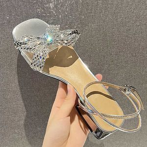 Sandales Cristal Bow-noeud sandales femmes argent talons bas chaussures Transparent bande étroite tongs dames Slingback gladiateur Sandalia 2022 G230321