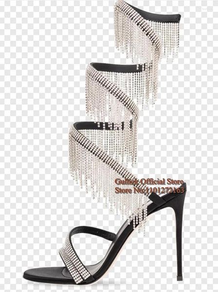 Sandales cristal embelli bride à la cheville talons fins strass frange torsadée cuir noir 10CM femmes chaussures de gladiateur