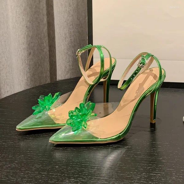 Sandalias Crystal Flower Transparente PVC Mujeres Stiletto Hebilla Verano Verde Tacones Altos Elegante Vestido Zapatos de fiesta para Big 41