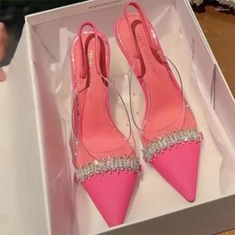 Sandales de luxe en cristal pour femmes, talons hauts, chaussures de soirée sexy, pantoufles d'été à bout pointu, escarpins de marque Slingback, 2024